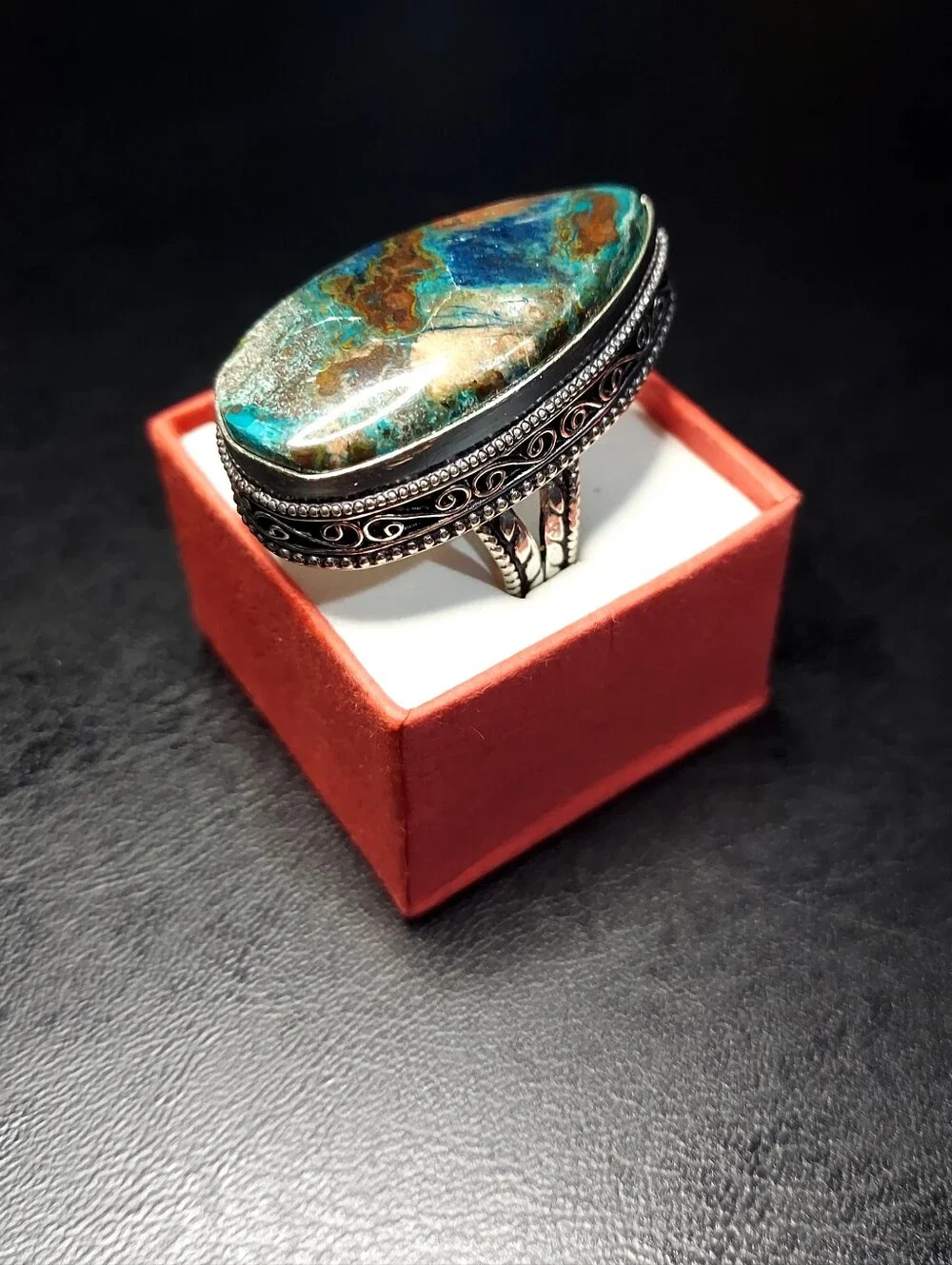 Handcrafted High-Profile Azurite Oversized Teardrop Ring (9.5)